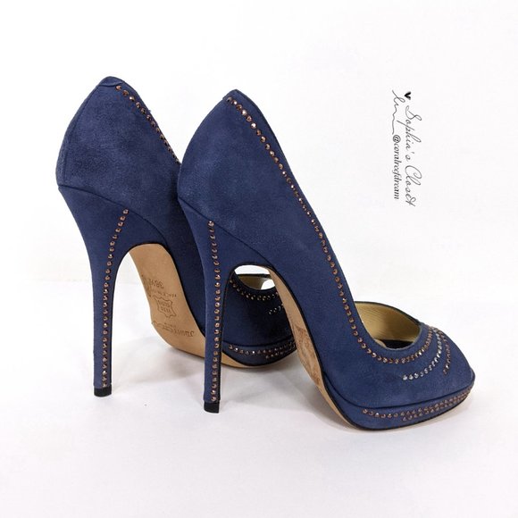 Jimmy Choo Blue Studded Suede Peep Toe High Heel - Picture 5 of 10